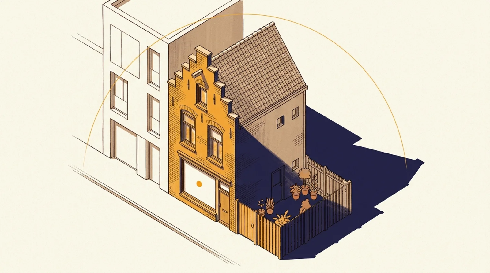 Axonometrische tekening van een Nederlandse rijwoning met op de zuidgevel een groot raam in de schaduw van een nieuw buurpand, en kleine raampjes op de andere gevels. Bovenin een dunne amberkleurige zonneboog.