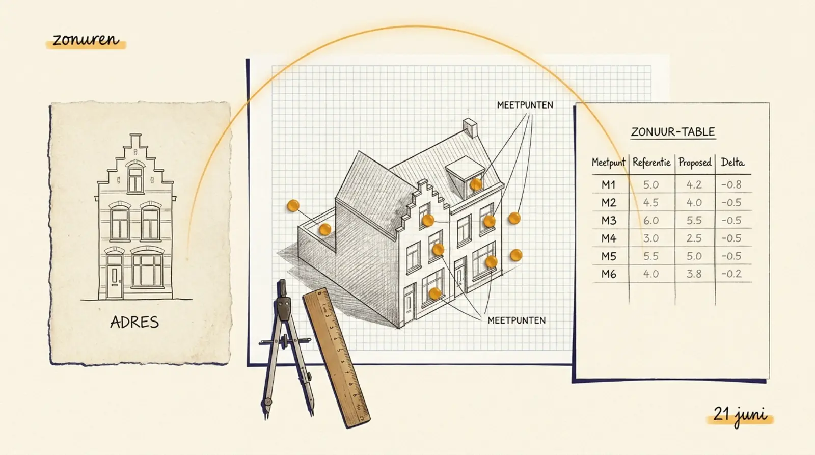 Driedelige architectentafel met van links naar rechts een adreskaart met een huis erop, een axonometrische 3D-schets van dezelfde woning met gele meetpunten bij de ramen, en een A4-bezonningsrapport met zonuurtabel. Een dunne amberkleurige zonneboog loopt over de drie elementen heen.