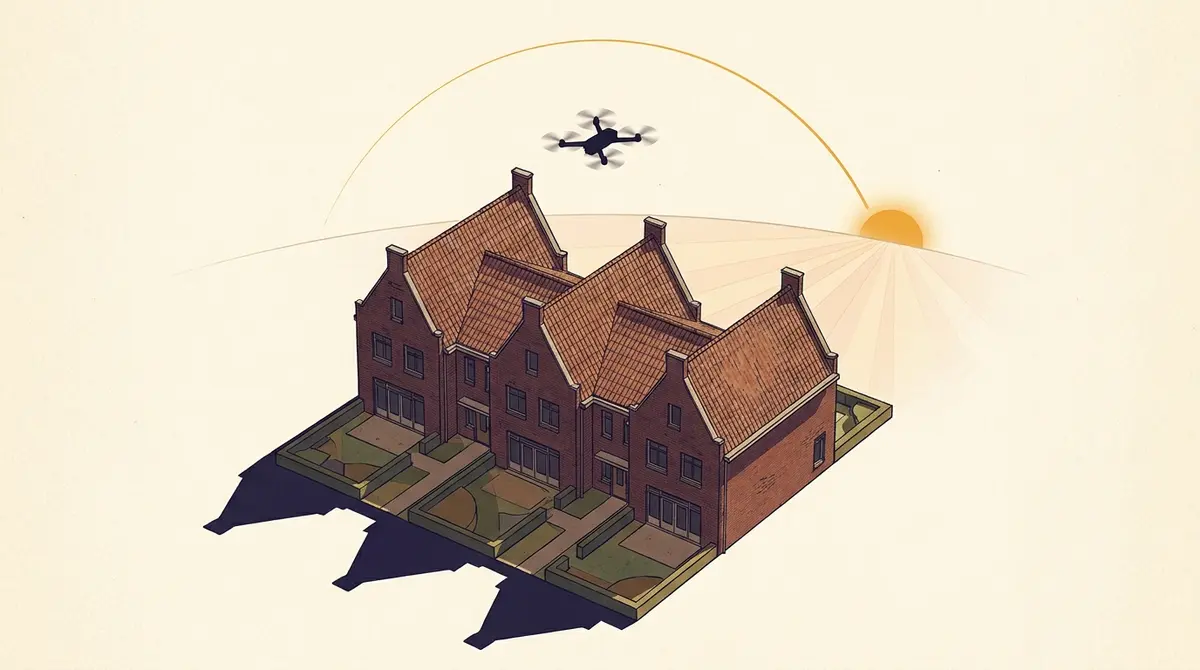 Bovenaanzicht van een Nederlandse rijwoning met een quadcopter-drone die er overheen vliegt, een dunne amberkleurige zonneboog tegen een avondhemel.