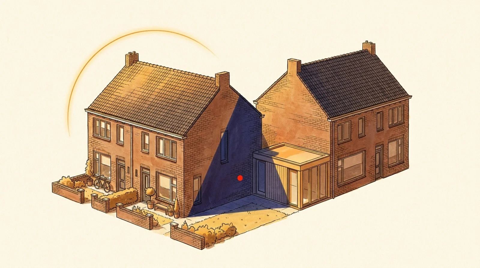 Axonometrische tekening van twee Nederlandse rijwoningen; rechts een nieuwe aanbouw die het zijraam van de linkerwoning grotendeels van de hemel afsluit, met een dunne amberkleurige zonneboog erboven.