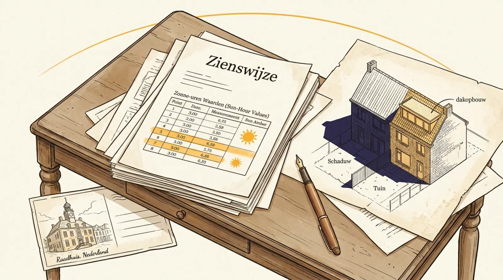 Axonometrische tekening van een schrijftafel van bovenaf: een dossier met de kop “Zienswijze” in schreefletters, een zonurentabel per meetpunt, een vulpen en een briefkaart van het gemeentehuis. Bovenin loopt een dunne amberkleurige zonneboog.